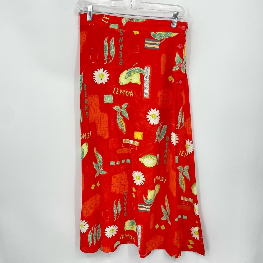 Saint Germain Paris mixed floral lemon print maxi skirt S red made in USA‎